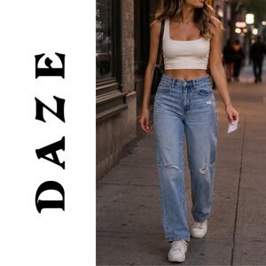 Daze, Organic Cotton Wide Leg Straight Distressed Jeans Fools Light Wash Blue 31